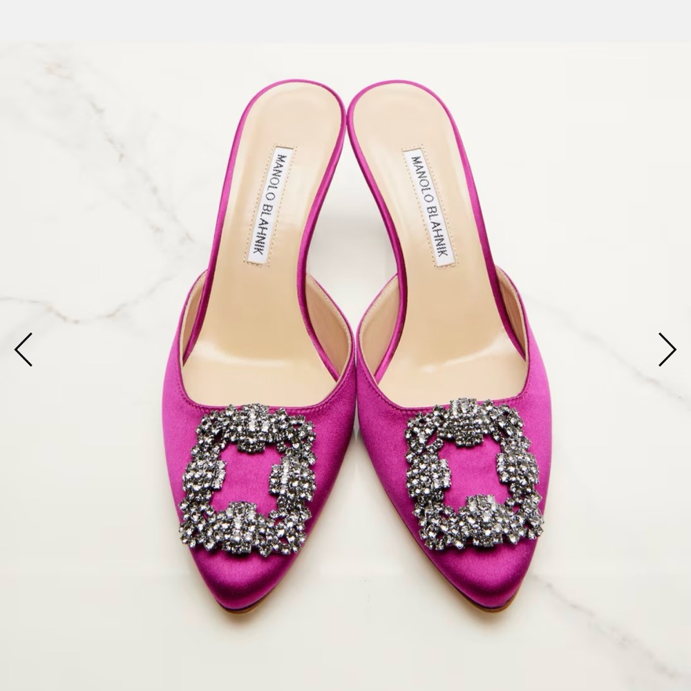 Manolo Blahnik Fuchsia Satin Embellished Pointed-Toe Mules